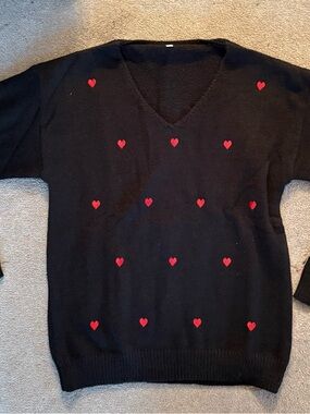 Black V-Neck Sweater with Red Heart Motif